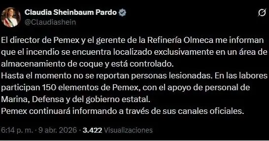 Sheinbaum confirmó que el incendio está controlado y no hay personas lesionadas./ Captura de pantalla