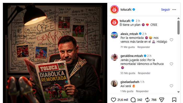 Así fue la publicación de Toluca de cara a la vuelta de la eliminatoria de Pachuca |CAPTURA DE PANTALLA