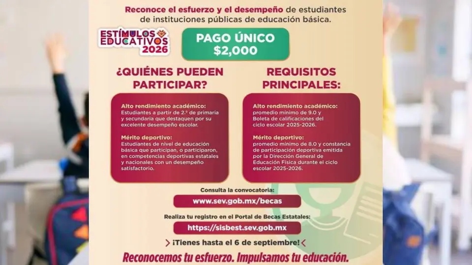 Los Estímulos Educativos 2026 contemplan un pago único de 2 mil pesos./Dirección del Sistema de Becas