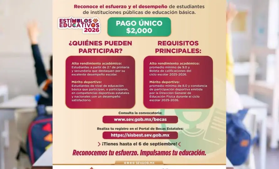 Los Estímulos Educativos 2026 contemplan un pago único de 2 mil pesos./Dirección del Sistema de Becas