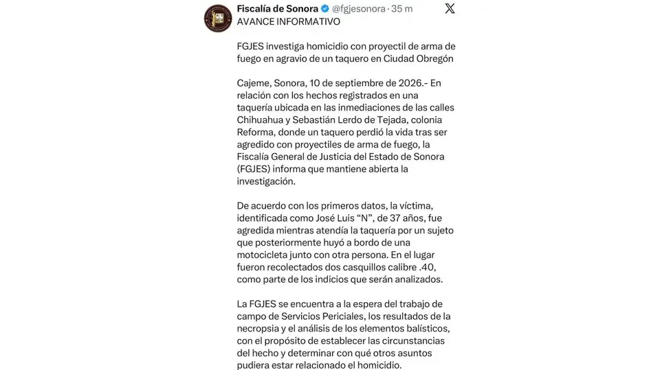 Peritos de la Fiscalía de Sonora localizaron dos casquillos calibre .40 en el lugar del ataque./ Fiscalía