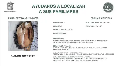 La Fiscalía del Edomex emitió un comunicado para buscar a los familiares de la víctima/FGJEM
