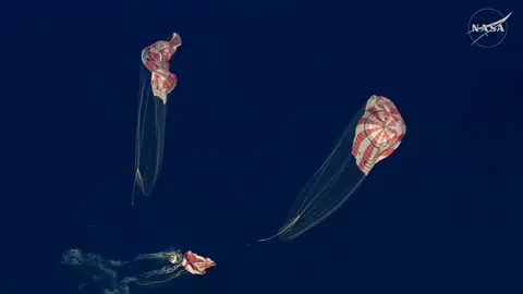 La cápsula desplegó sus paracaídas para descender de forma controlada hasta caer en el océano Pacífico. / NASA