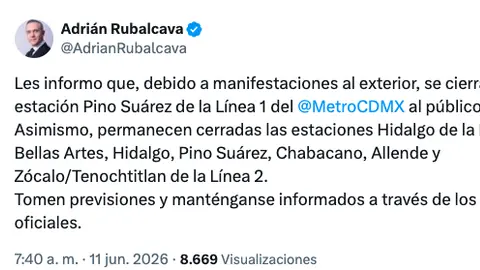 Las estaciones Hidalgo, Bellas Artes, Allende, Zócalo/Tenochtitlan, Pino Suárez y Chabacano permanecen sin servicio para ascenso y descenso de pasajeros./ X: @AdrianRubalcava