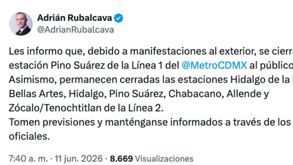 Las estaciones Hidalgo, Bellas Artes, Allende, Zócalo/Tenochtitlan, Pino Suárez y Chabacano permanecen sin servicio para ascenso y descenso de pasajeros./ X: @AdrianRubalcava