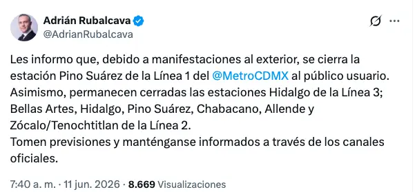 Las estaciones Hidalgo, Bellas Artes, Allende, Zócalo/Tenochtitlan, Pino Suárez y Chabacano permanecen sin servicio para ascenso y descenso de pasajeros./ X: @AdrianRubalcava