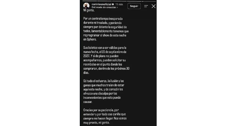 La función cancelada formaba parte de la residencia De Sonora para el Mundo en Sphere./ Captura de pantalla
