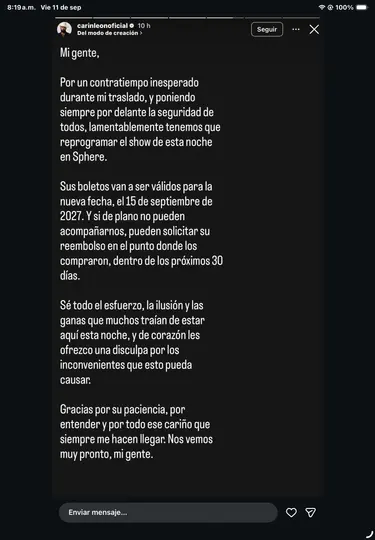Los boletos serán válidos para la nueva fecha del 15 de septiembre de 2027./@carinleon