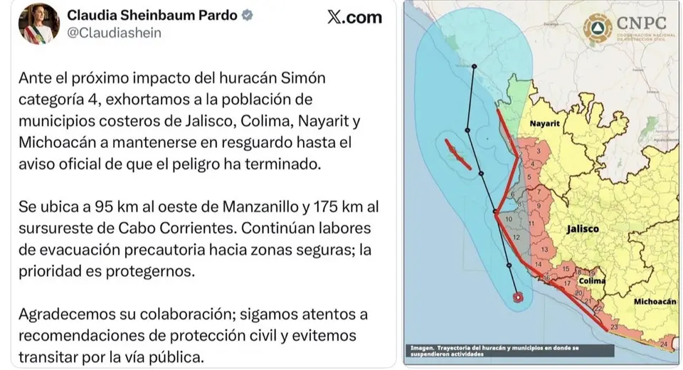Protección Civil pidió resguardo total en zonas costeras ante el avance del huracán Simón./@claudiasheinbaum