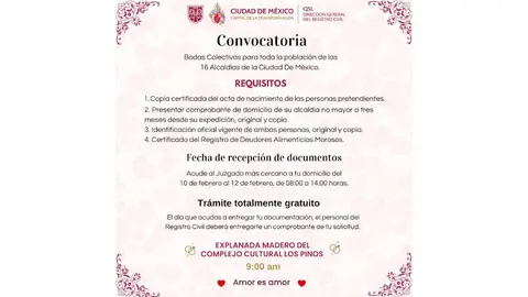 Requisitos para participar en las bodas colectivas en CDMX. Foto: X: @DGRCivilCDMX