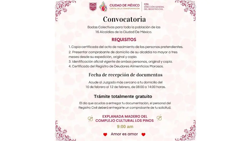Requisitos para participar en las bodas colectivas en CDMX. Foto: X: @DGRCivilCDMX