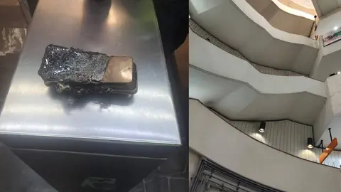 El hombre cayó desde lo alto de las escaleras luego de que explotó su celular