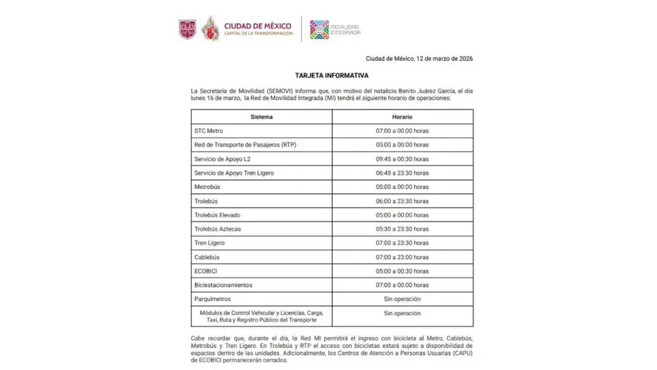 El Metro de la Ciudad de México funcionará de 07:00 a 24:00 horas el lunes 16 de marzo./ Ciudad de México
