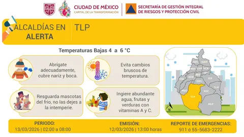Milpa Alta, Tlalpan y Xochimilco podrían registrar las temperaturas más bajas durante la madrugada del viernes./ X: @SGIRPC_CDMX