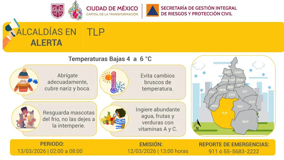 Milpa Alta, Tlalpan y Xochimilco podrían registrar las temperaturas más bajas durante la madrugada del viernes./ X: @SGIRPC_CDMX