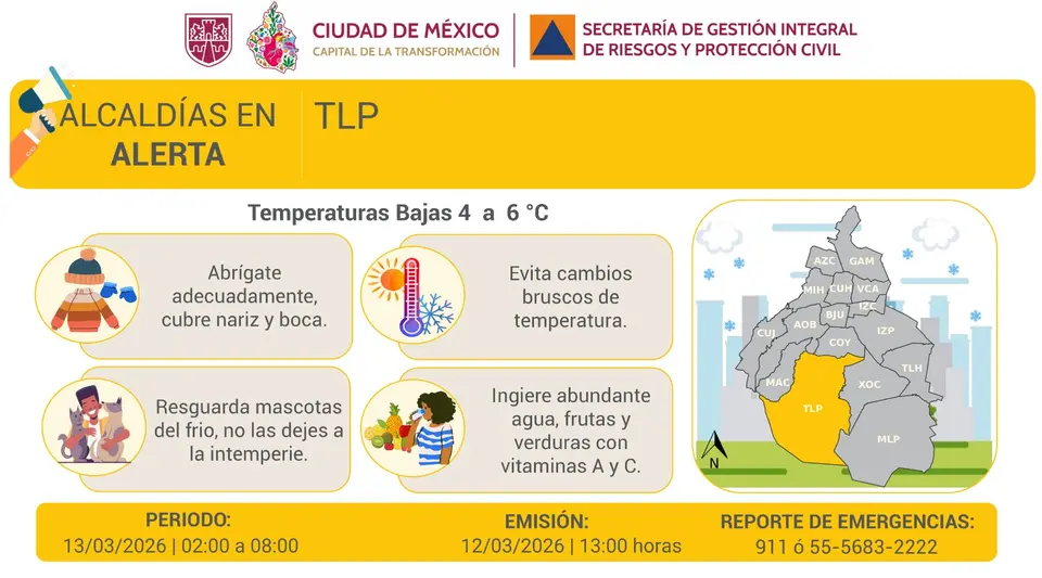 Milpa Alta, Tlalpan y Xochimilco podrían registrar las temperaturas más bajas durante la madrugada del viernes./ X: @SGIRPC_CDMX