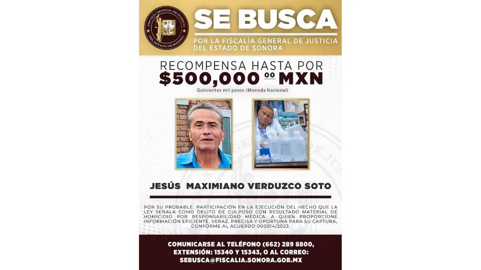 Autoridades estatales y federales mantienen un operativo de búsqueda contra el médico acusado de homicidio por responsabilidad médica./ Fiscalía