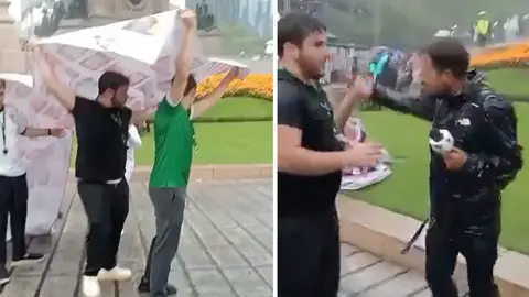 VIDEO: Aficionados usan lona de personas desaparecidas para taparse de la lluvia y agreden a reportero