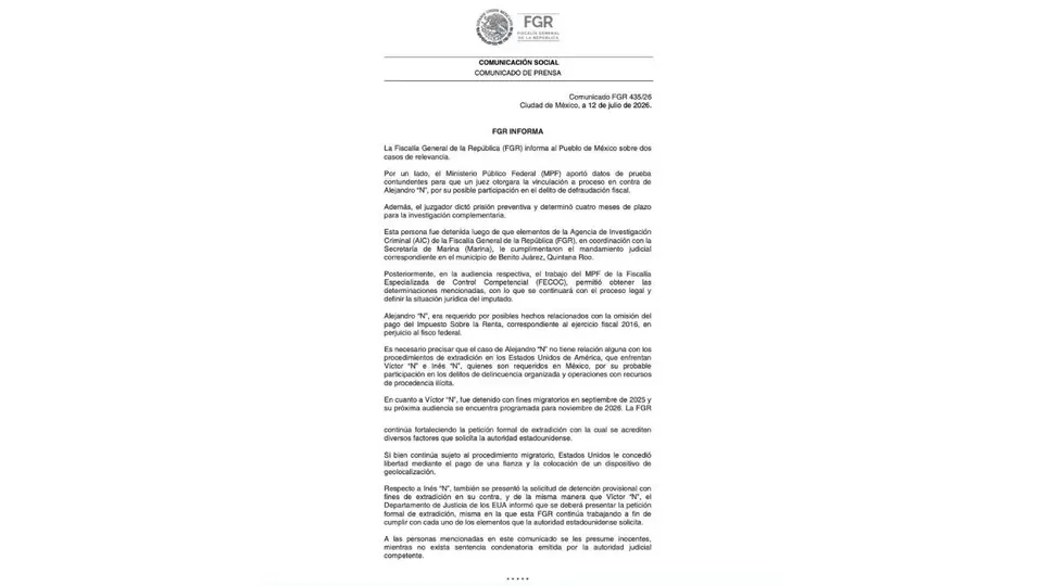 La FGR aclaró que el proceso penal contra el cuñado de Inés Gómez Mont es independiente del procedimiento de extradición que enfrentan la conductora y Víctor Álvarez Puga./ FGR