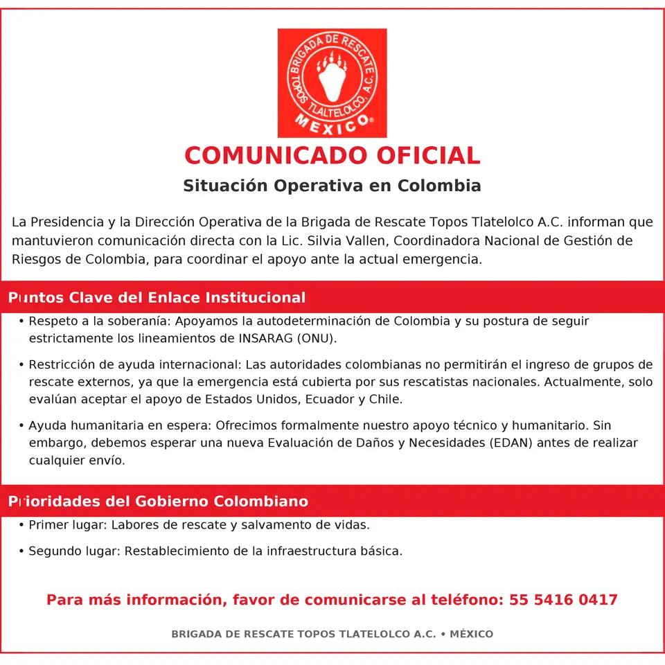 Comunicado de la Brigada de Rescatistas Topos Tlatelolco  / @topos