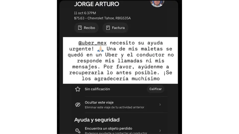 La conductora compartió el recibo del viaje realizado el domingo 11 de octubre en una Chevrolet Tahoe / Captura de pantalla