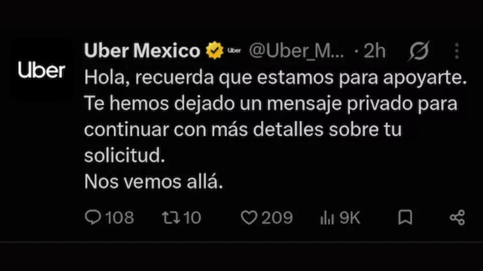 Uber México respondió a la denuncia de Yanet García y señaló que le envió un mensaje privado para dar seguimiento al caso / Captura de pantalla