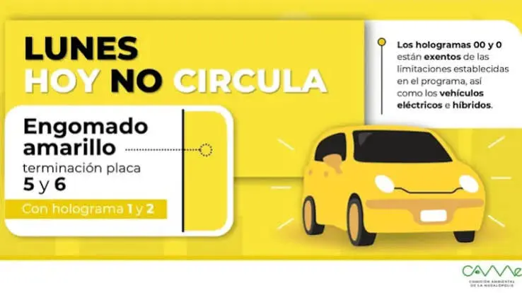 Hoy No Circula lunes 12 de octubre de 2026: Los autos con engomado amarillo, placas 5 y 6, y holograma 1 o 2 deberán descansar./ CAME
