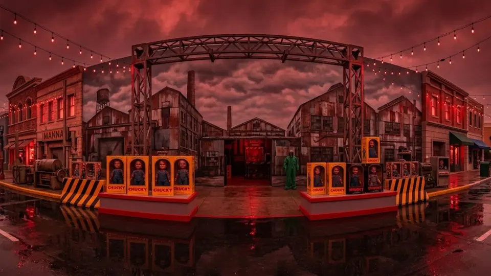 La fachada recrea una fábrica de muñecos inspirada en la saga cinematográfica Child’s Play / Gemini