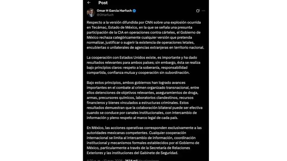Omar García Harfuch rechazó las versiones sobre presuntas operaciones encubiertas de la CIA en territorio mexicano./ Captura de pantalla