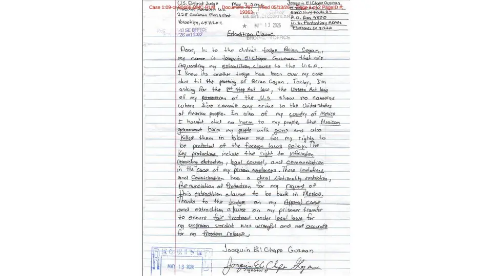 Las cartas atribuidas a “El Chapo” Guzmán fueron enviadas al juez Brian Cogan desde la prisión ADX Florence, en Colorado./ X: @arturoangel20