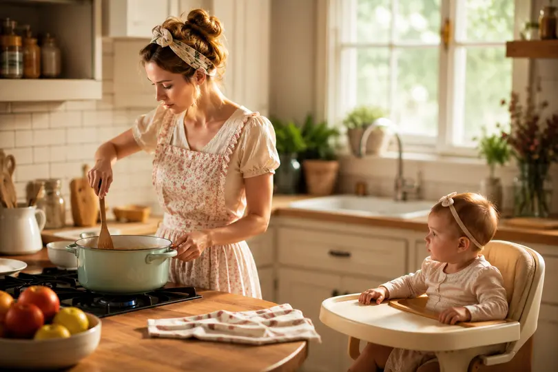 La tendencia "tradwife" ha ganado popularidad en redes sociales gracias a creadoras de contenido que comparten rutinas domésticas y familiares./ IA