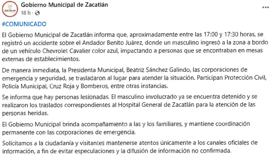 Comunicado de las autoridades del Gobierno Municipal de Zacatlán de las Manzanas / FB. GobiernoZacatlan