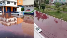 Inundación en Nezahualcóyotl sorprende con agua rosa y roja en calles y casas