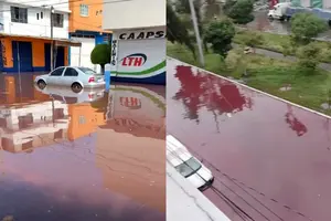 Inundación en Nezahualcóyotl sorprende con agua rosa y roja en calles y casas