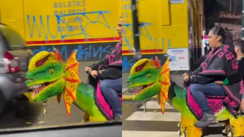 VIDEO: ¡Como en Jurassic Park! Mujer se hace viral por recorrer calles de CDMX en dinosaurio eléctrico