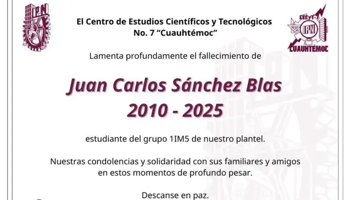 IPN lamenta la muerte de su estudiante Juan Carlos Sánchez Blas tras explosión de pipa en Iztapalapa