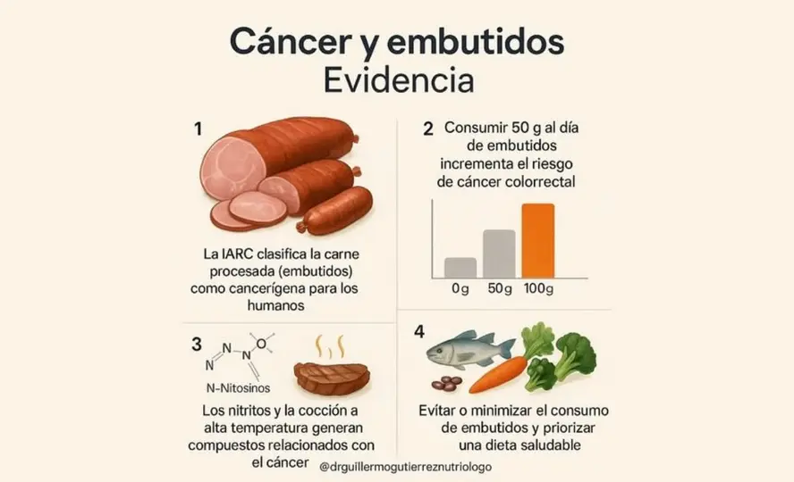 Consumir 50 gramos diarios de carne procesada se asocia con un aumento aproximado del 18% en el riesgo de cáncer colorrectal./ @drguillermogutierreznutriologo