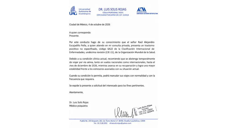 De acuerdo con el informe médico difundido por Aleks Syntek, deberá evitar los vuelos nacionales e internacionales hasta diciembre de 2026 / IG: @syntekoficial