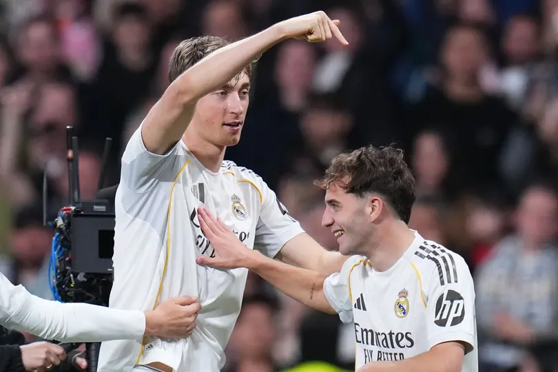 Dean Huijsen celebra su gol con el Real Madrid I AP