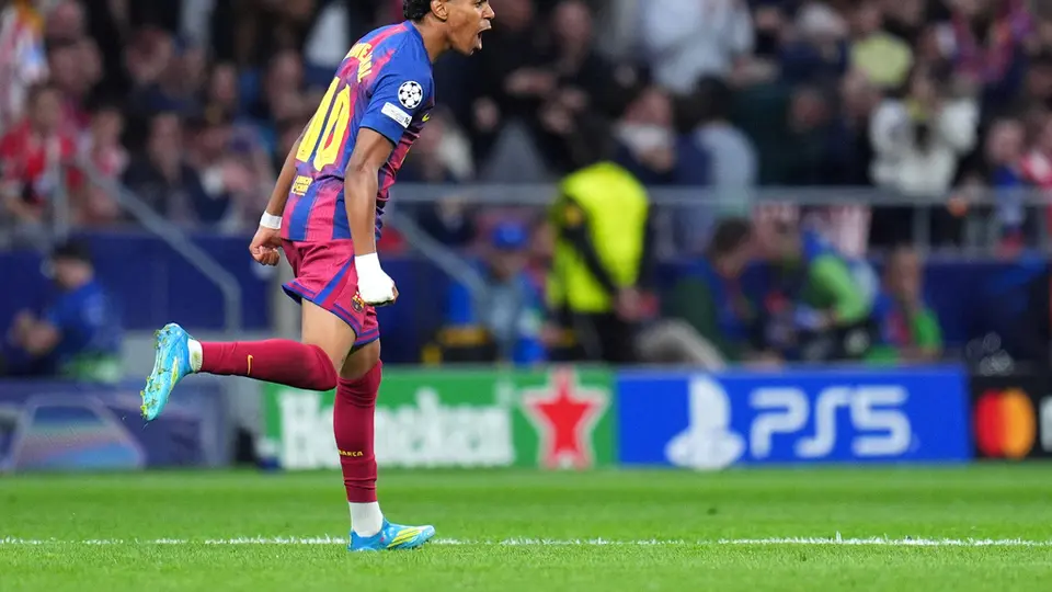 Lamine Yamal en celebración de su gol contra Atlético de Madrid en Champions League | AP