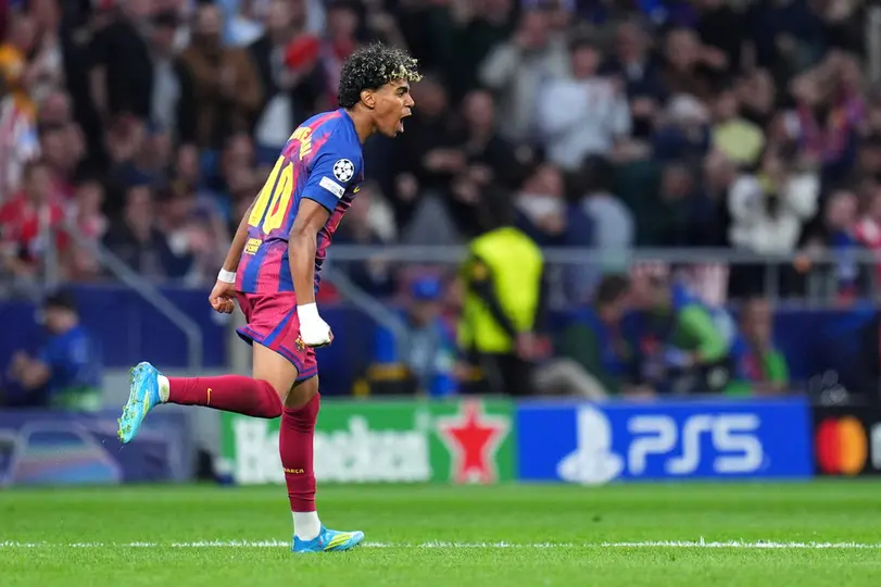 Lamine Yamal en celebración de su gol contra Atlético de Madrid en Champions League | AP