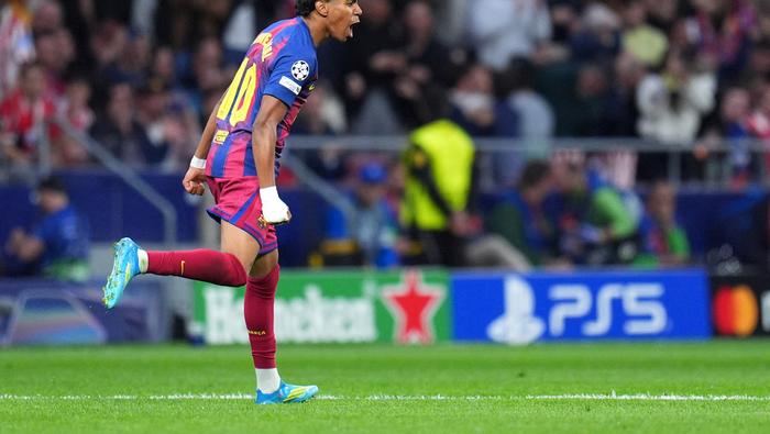 Lamine Yamal en celebración de su gol contra Atlético de Madrid en Champions League | AP