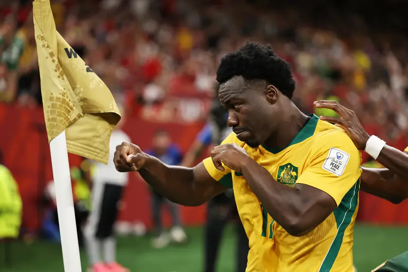 Nestory Irankunda, de Australia, en festejo de gol ante Turquía en el Mundial 2026 | AP