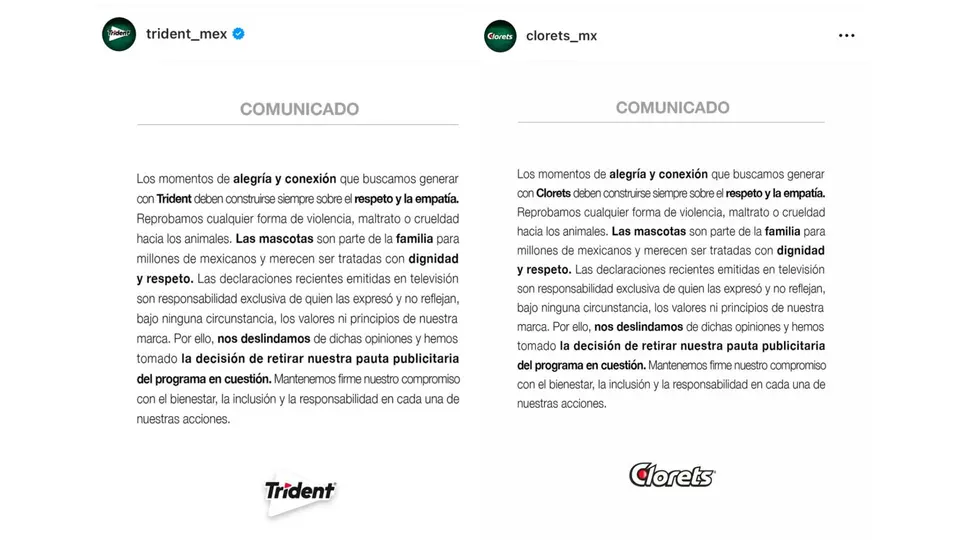 as compañías reiteraron su compromiso con el respeto, la inclusión y el bienestar animal / IG: @clorets_mx y @trident_mex