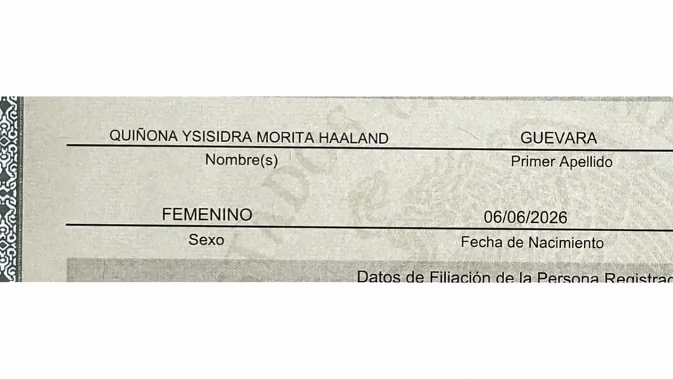 El nombre de Quióna Ysisidra Morita Haaland Guevara en presunta acta de nacimiento | CAPTURA DE PANTALLA DE X