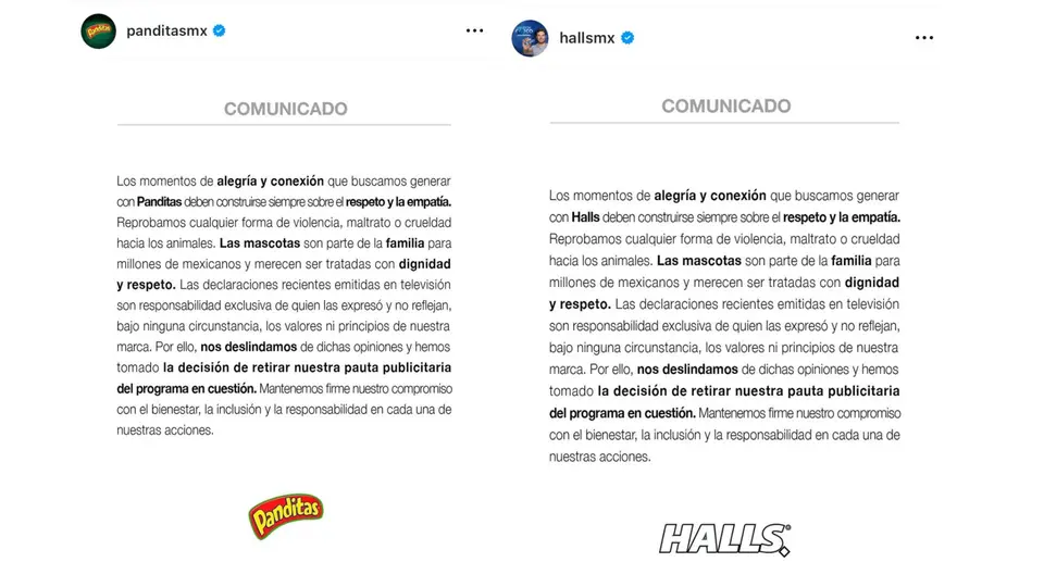 El posicionamiento fue compartido tras la polémica generada por las declaraciones del conductor / IG: @panditasmx y hallsmx