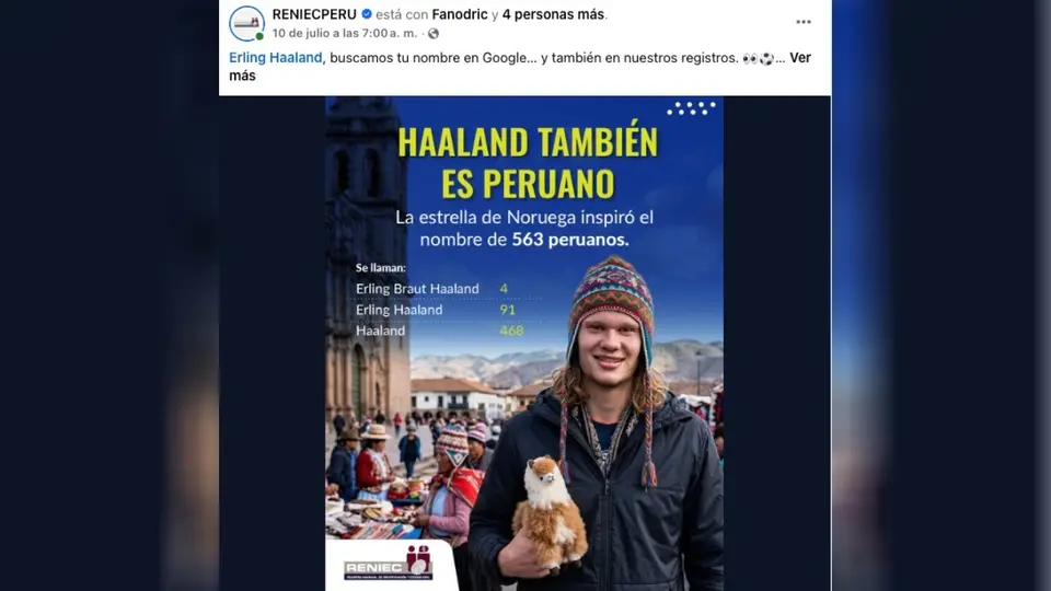 Erling Haaland se convirtió en un nombre muy popular en Perú | FACEBOOK: RENIECPERU