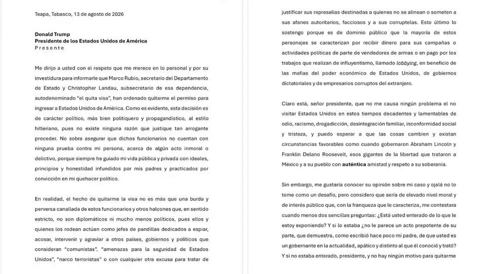 El hijo del expresidente AMLO envió una carta donde cuestiona los motivos de la cancelación de su visa / Especial