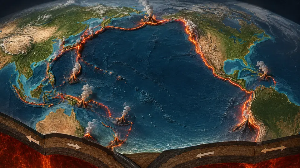 El Cinturón de Fuego se extiende alrededor del océano Pacífico y comprende regiones de América, Asia y Oceanía./ IA