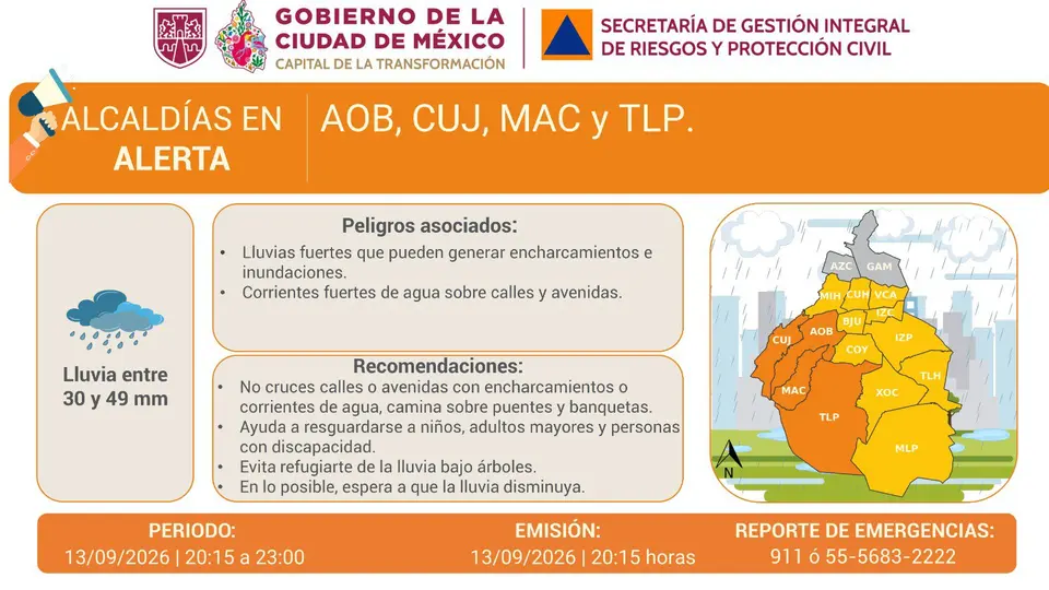 Cuajimalpa y Tlalpan registrarán mínimas de 8 grados durante las primeras horas del lunes./ X: @SGIRPC_CDMX